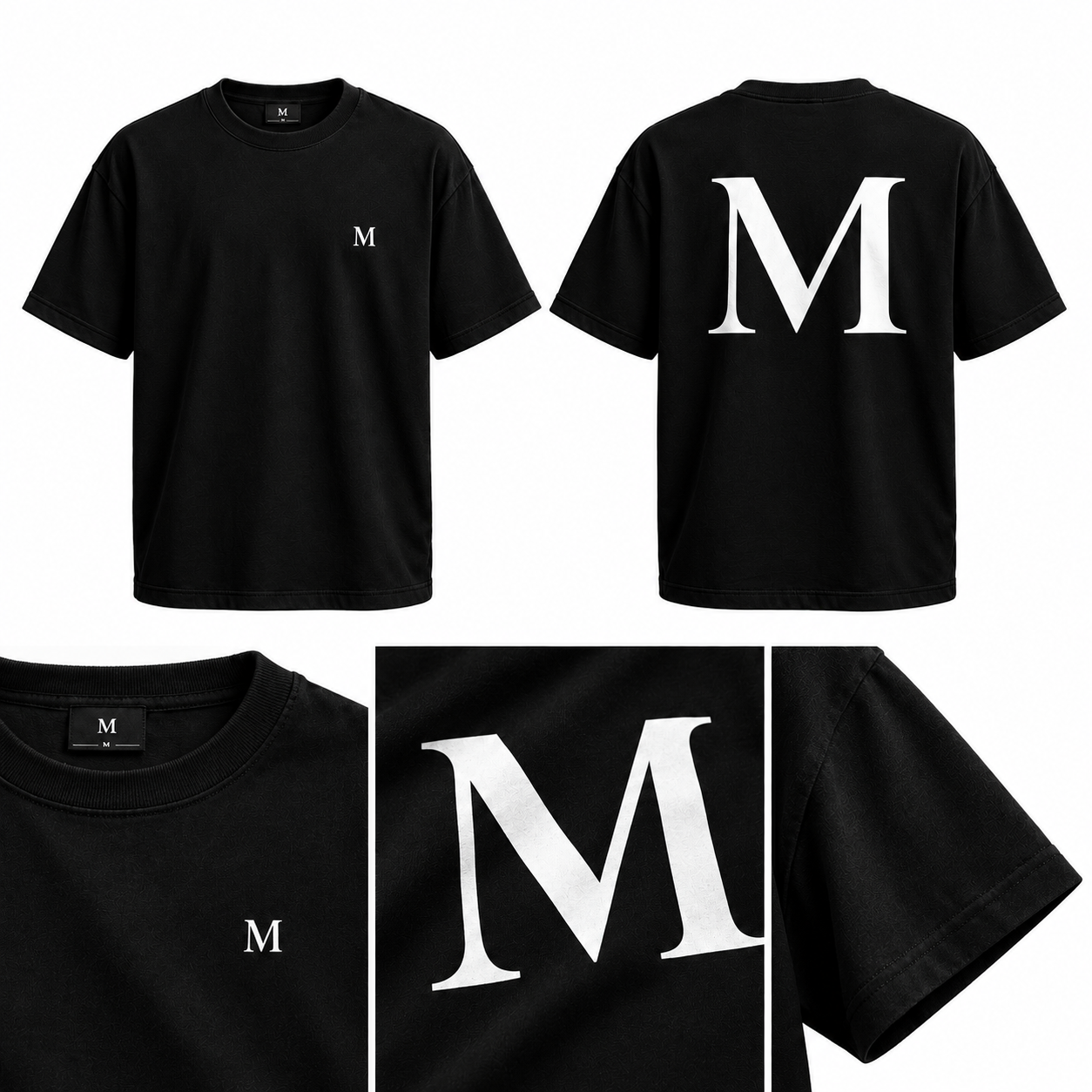Camiseta M Essential preta com M pequeno na frente e M grande nas costas